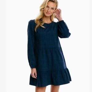 Southern Tide Nadia Long Sleeve Dress Navy Textured Grid Tiered‎ Ruffle Large